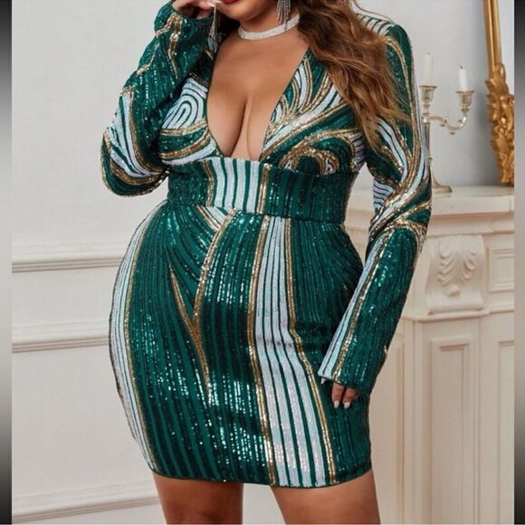 Lux plus size plunging V low neckline prom formal formal evening sequin dress - Picture 6 of 11